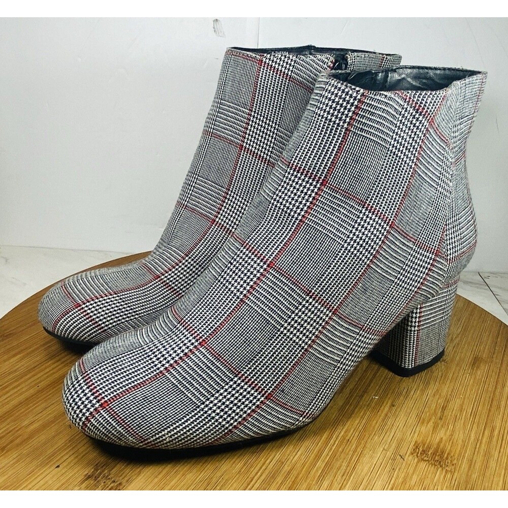 Kelly & Katie Thessa Plaid Ankle Booties Shoes Size 7M Block Heel Side Zip Gray